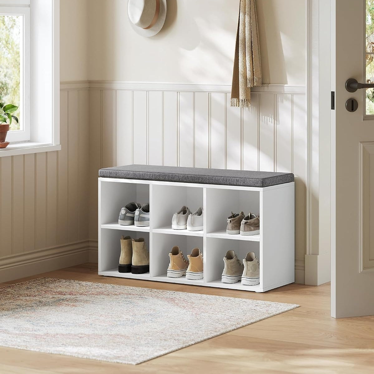 White 6 Compartment Cushioned Shoe Bench
