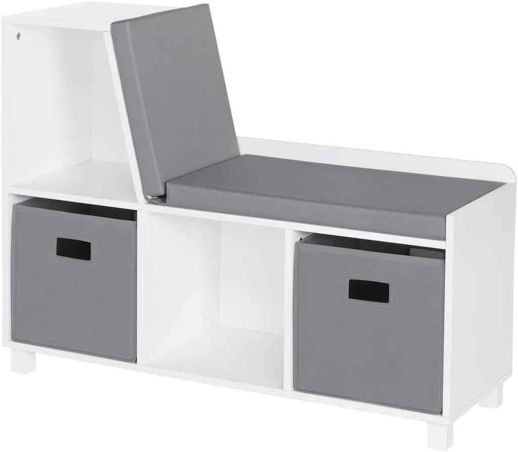 White Cubby Bench Grey Fabric Bins