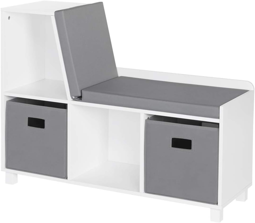 White Cubby Bench Grey Fabric Bins