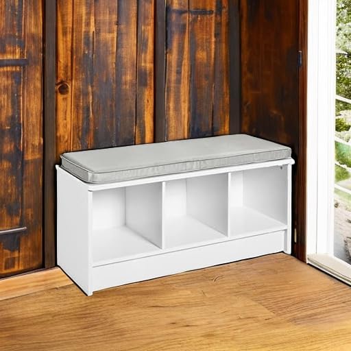 White Gray Cushion 3 Cube Storage Bench