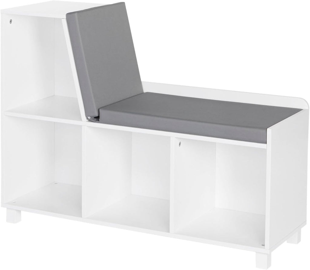 White Cushioned Cubby Toy Storage Bench