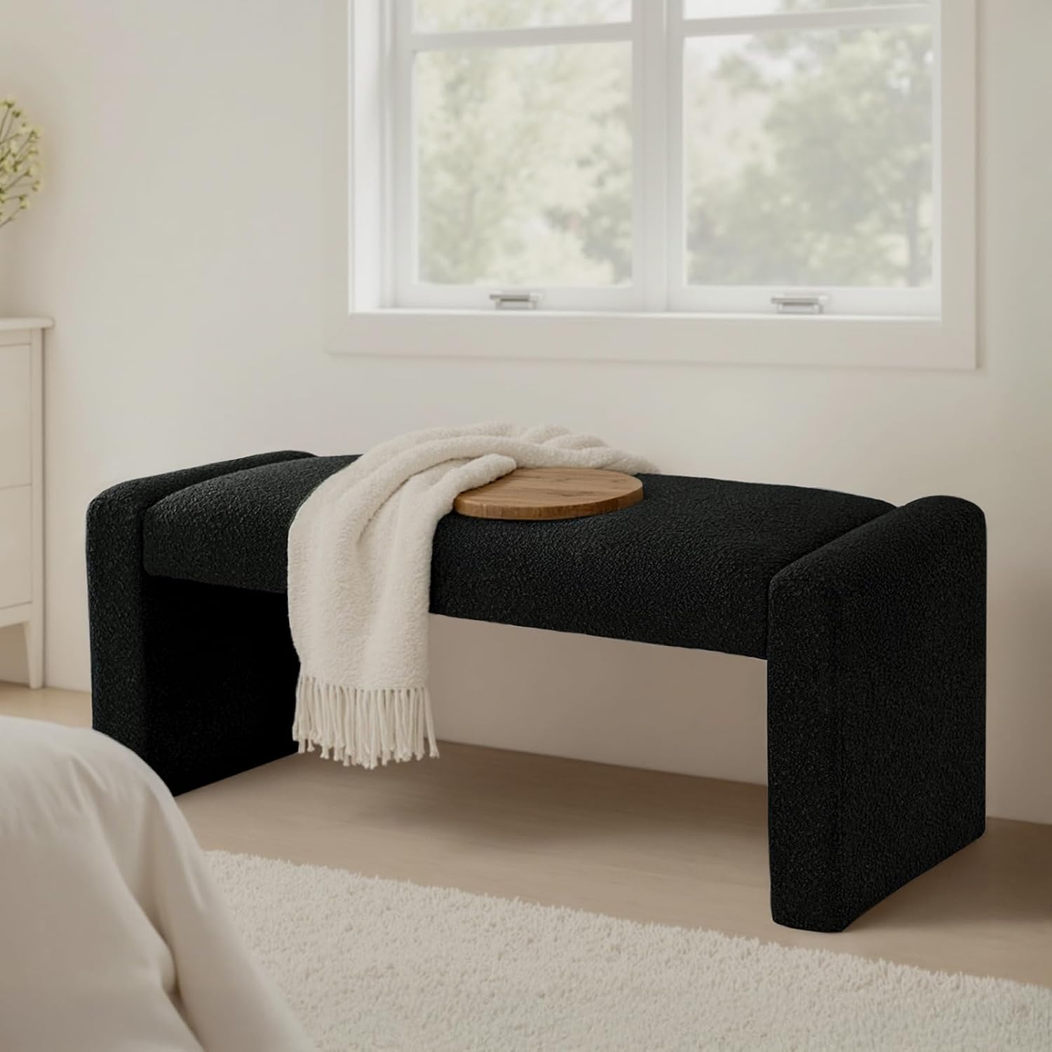 Black Boucle Wood Frame Entry Bench