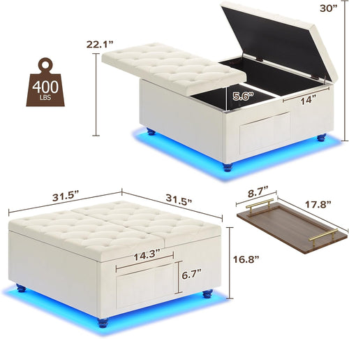 Beige LED Charging Storage Ottoman Table
