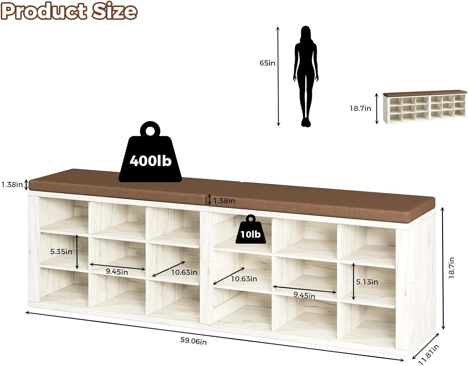 Cushioned 18 Cubby Shoe Storage Bench