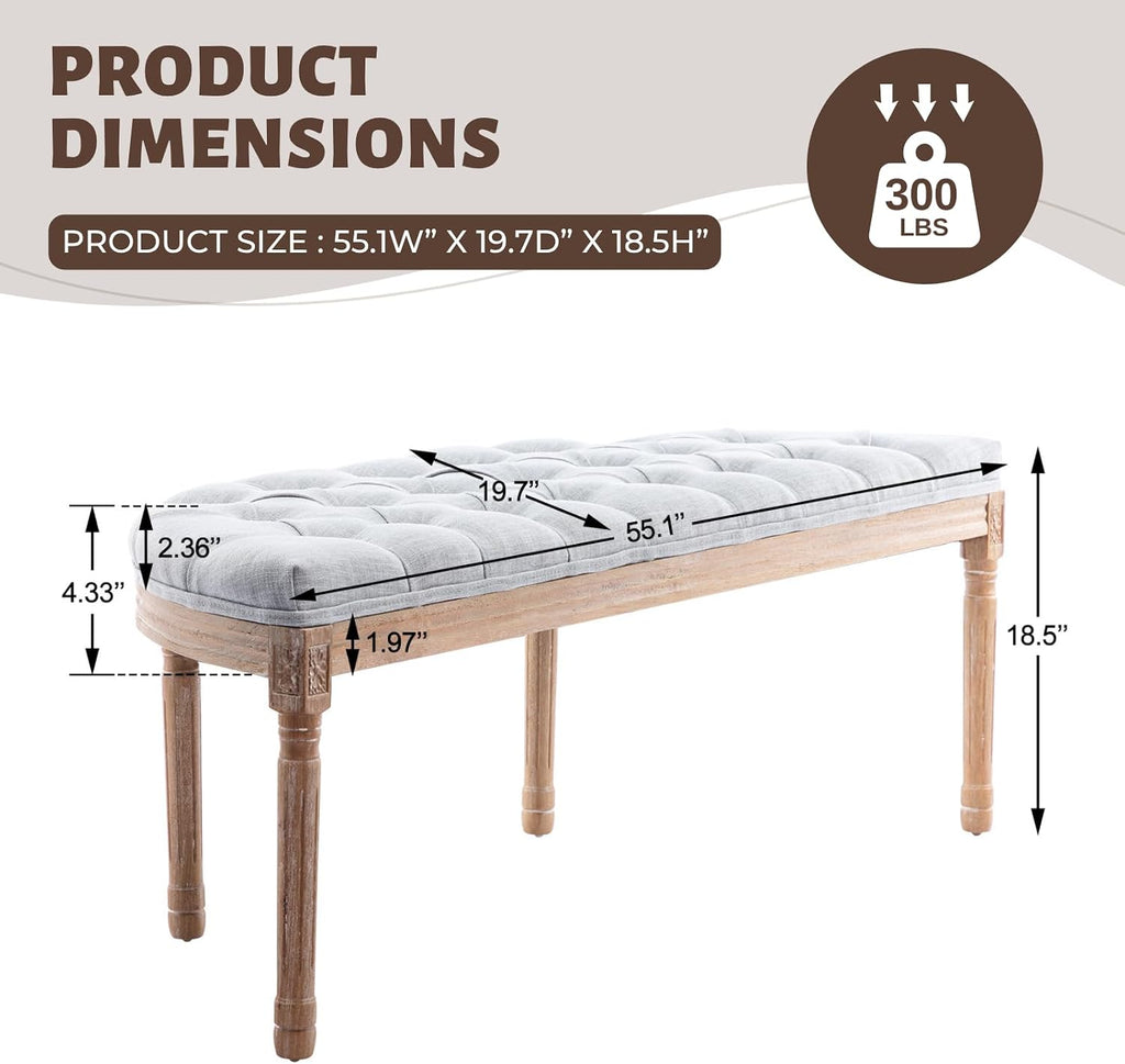 Light Grey Linen Halfmoon Tufted Bench