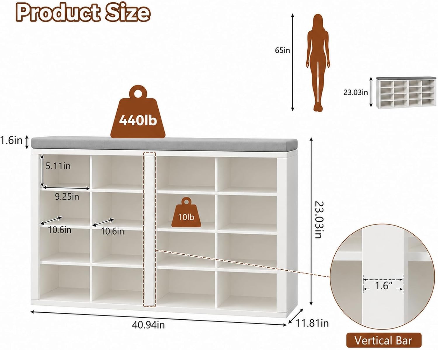 Cushioned 16 Cubby Shoe Storage Bench