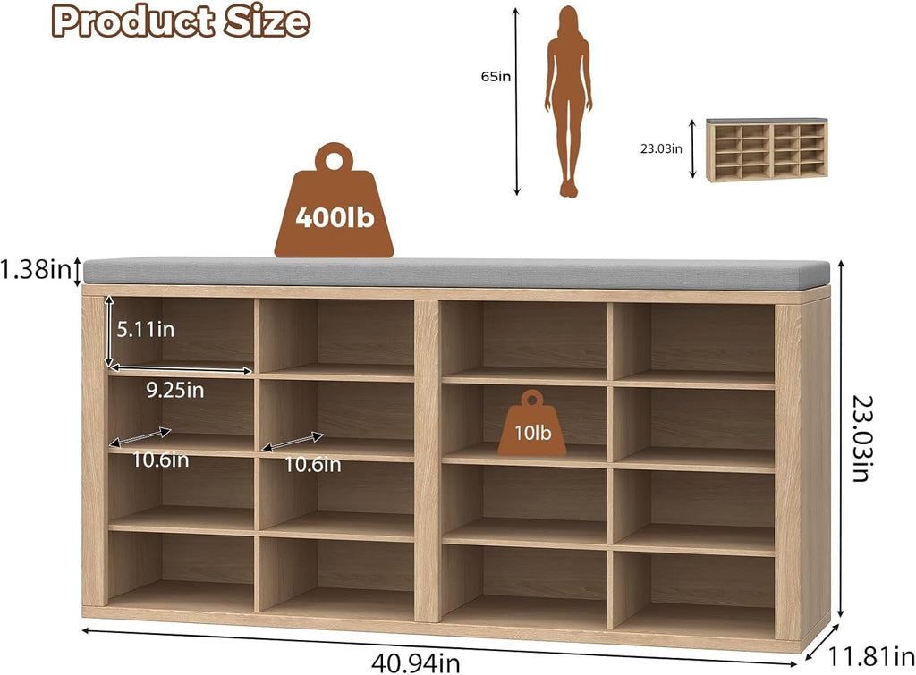 Cushioned 16 Cubby Shoe Storage Bench