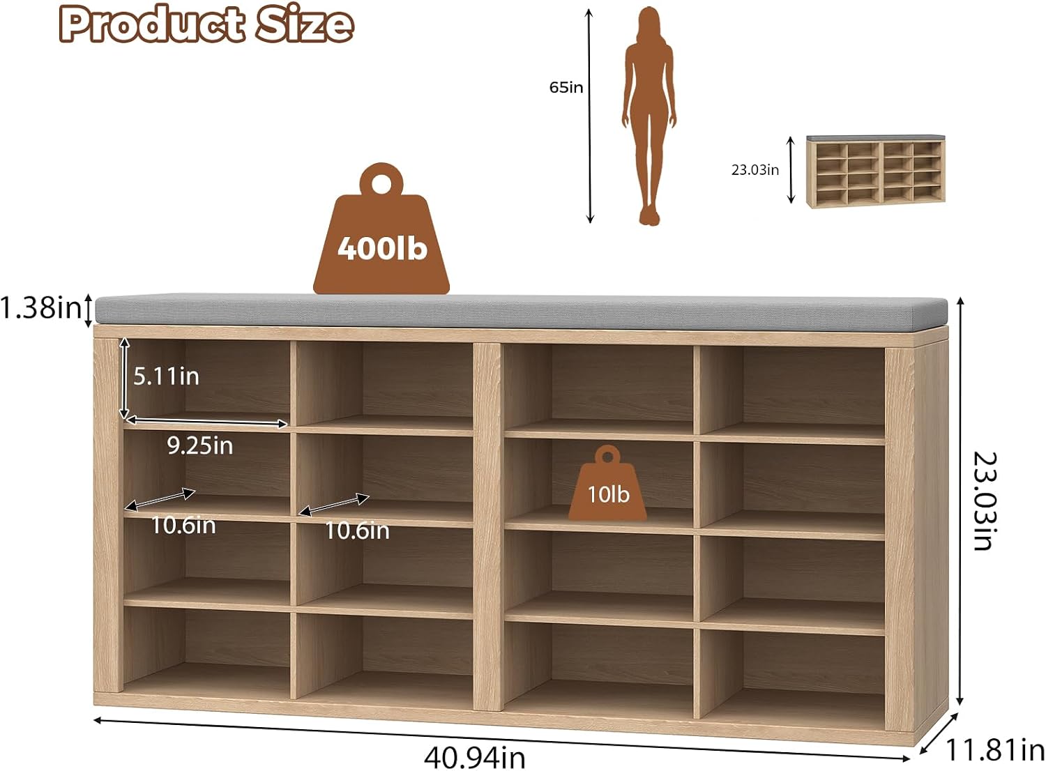 Cushioned 16 Cubby Shoe Storage Bench