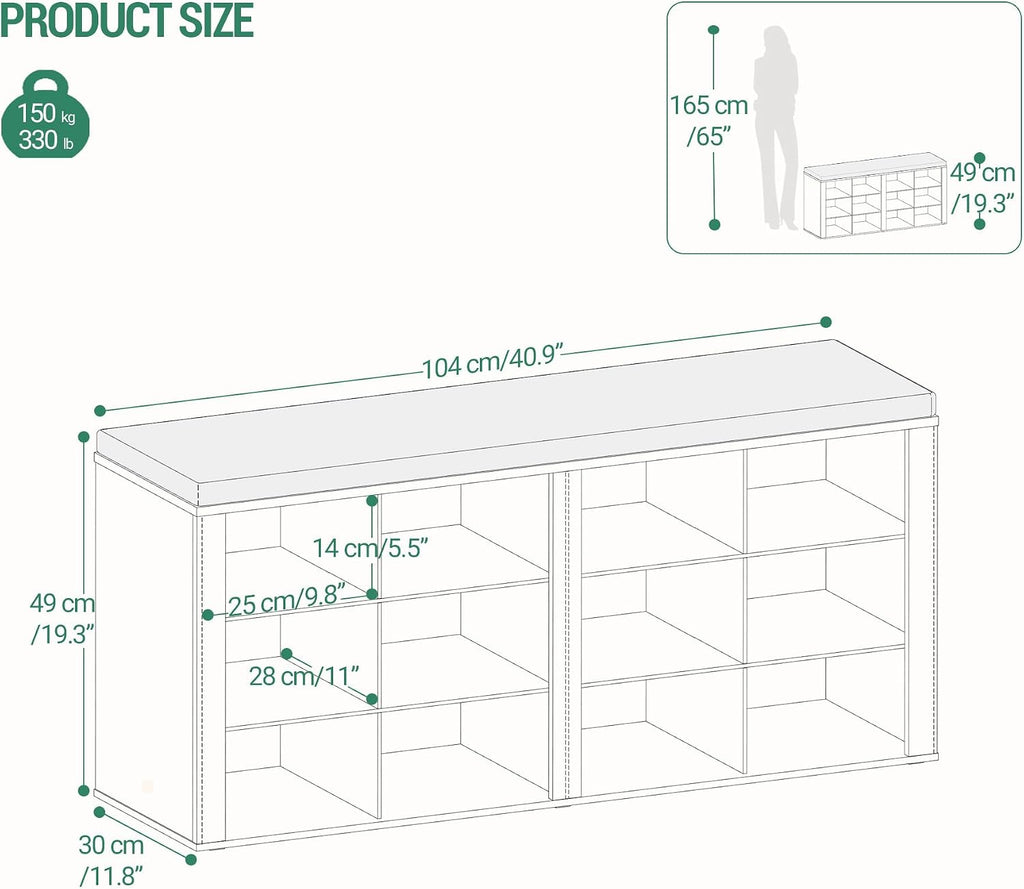 White 12 Cubby Cushioned Shoe Bench