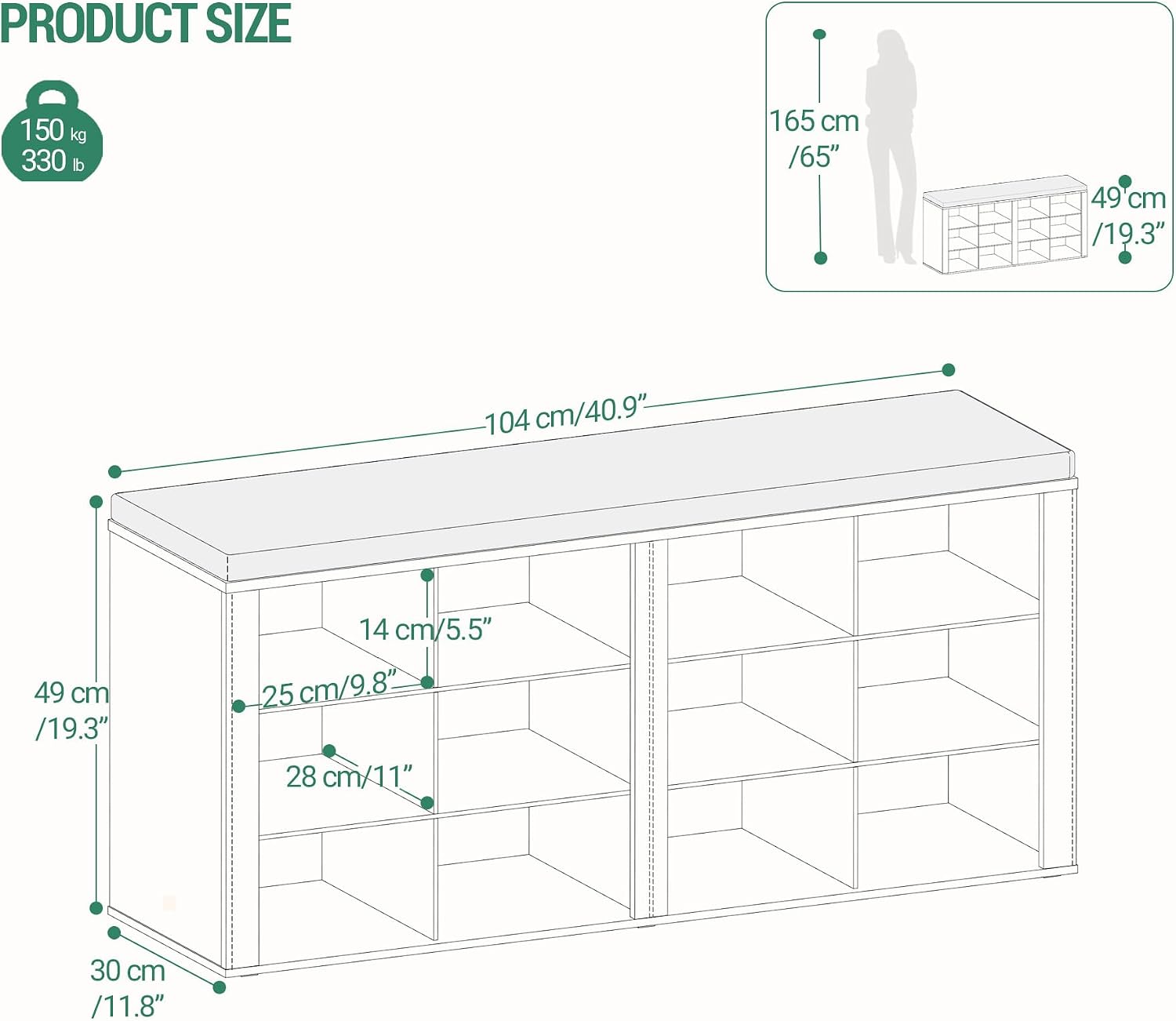 White 12 Cubby Cushioned Shoe Bench