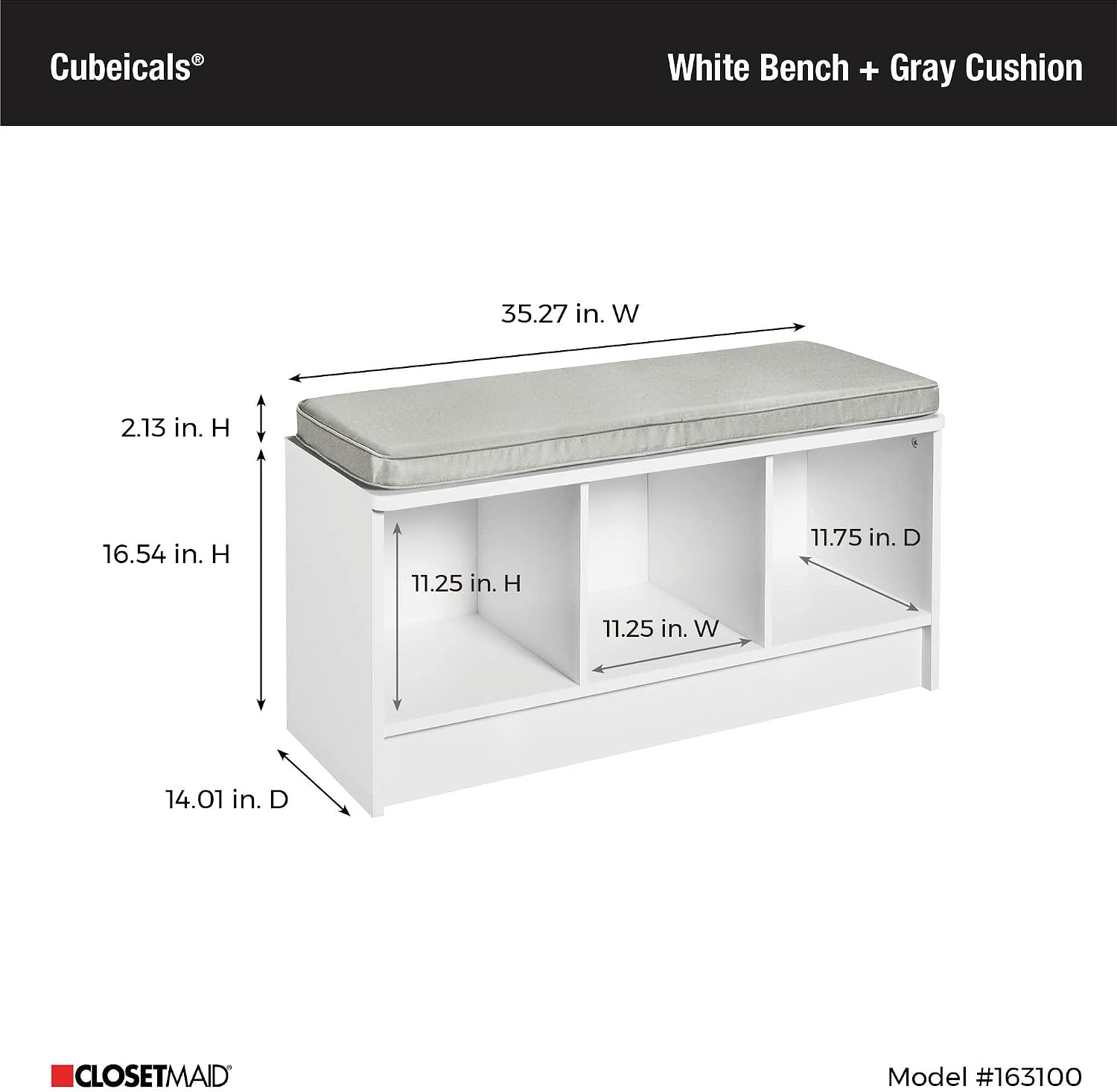White Gray Cushion 3 Cube Storage Bench