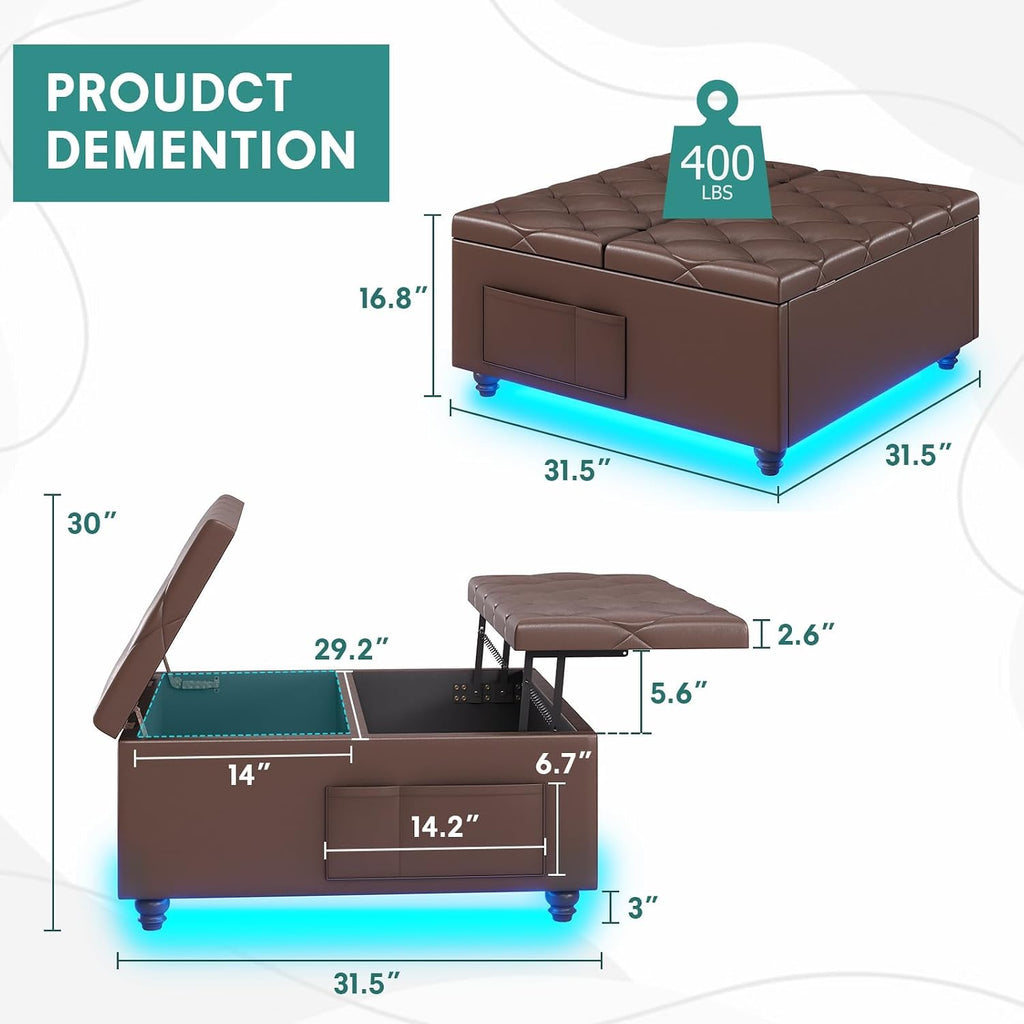Brown LED Charging Velvet Storage Ottoman