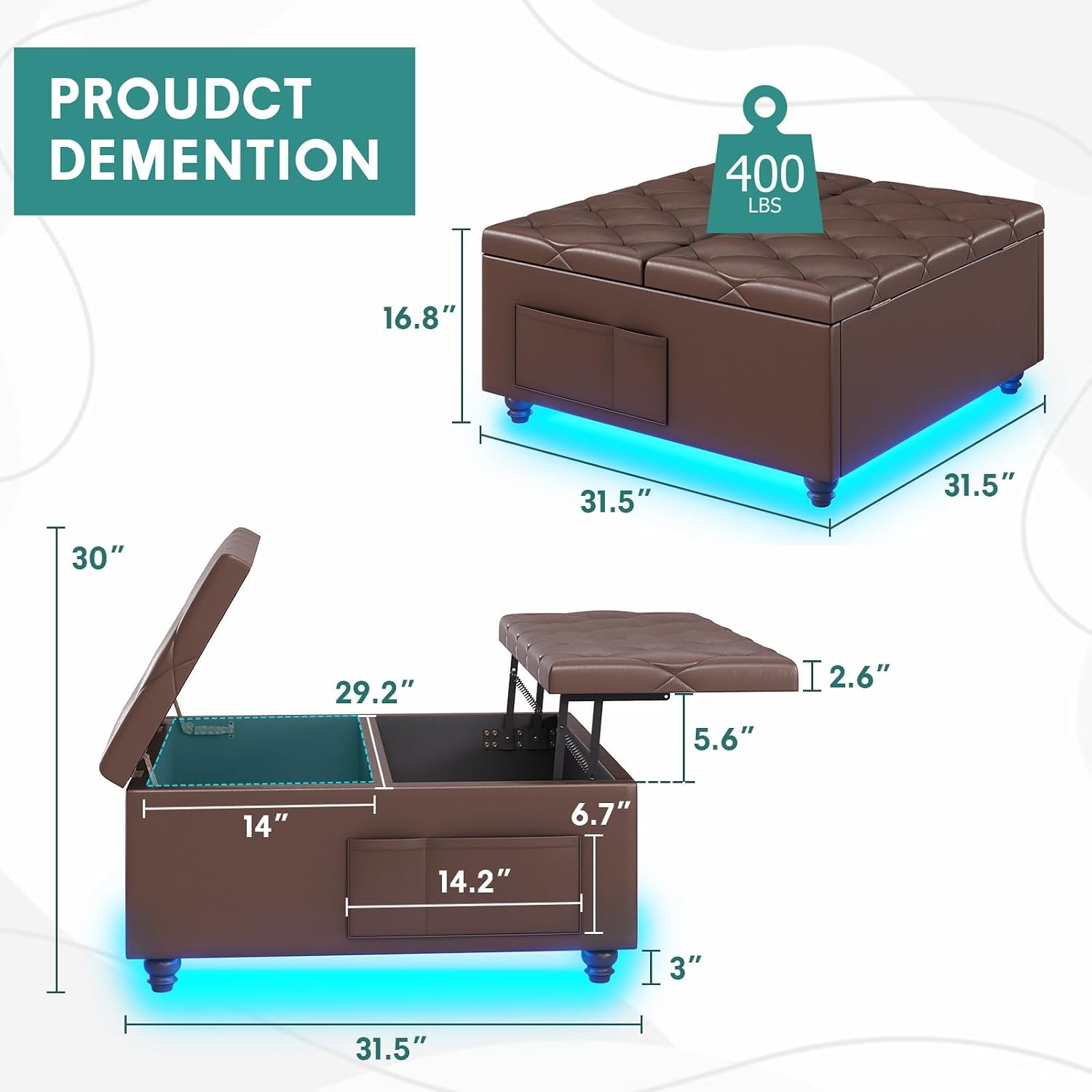 Brown LED Charging Velvet Storage Ottoman