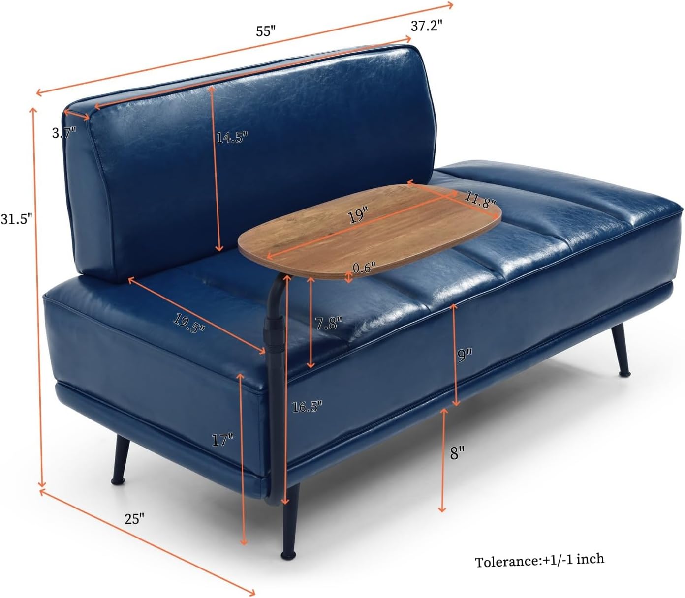 Navy Leather Swivel Tray Loveseat Bench