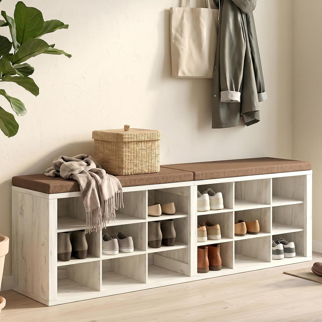 Cushioned 18 Cubby Shoe Storage Bench