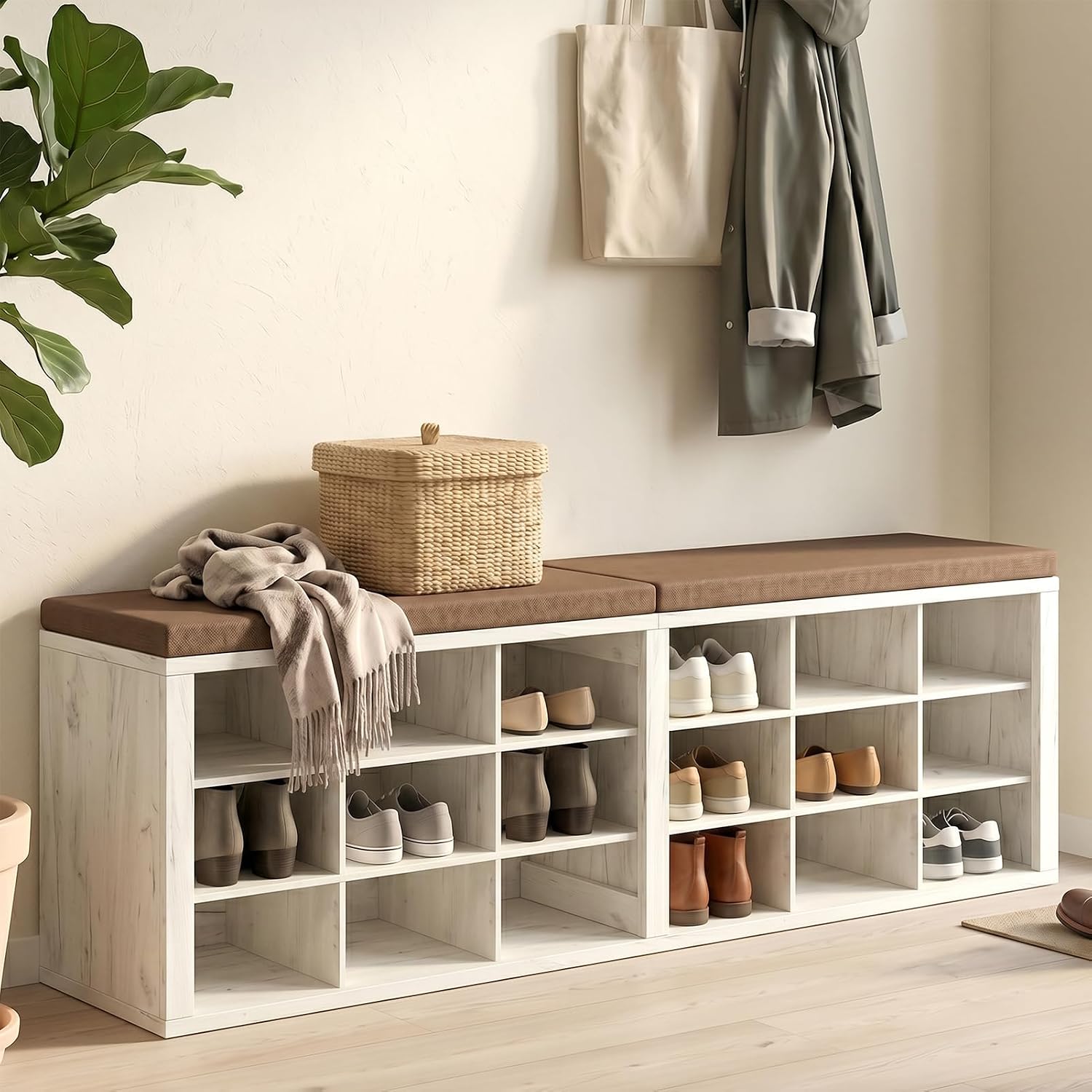 Cushioned 18 Cubby Shoe Storage Bench