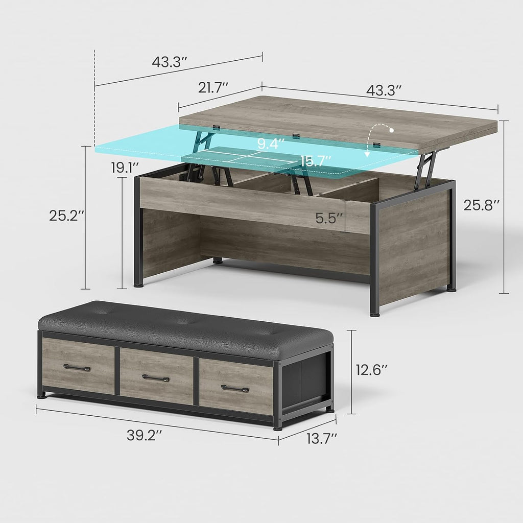 Grey Storage Coffee Table Ottoman Set