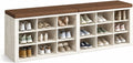 White Brown Linen 18 Cubby Cushioned Shoe Bench