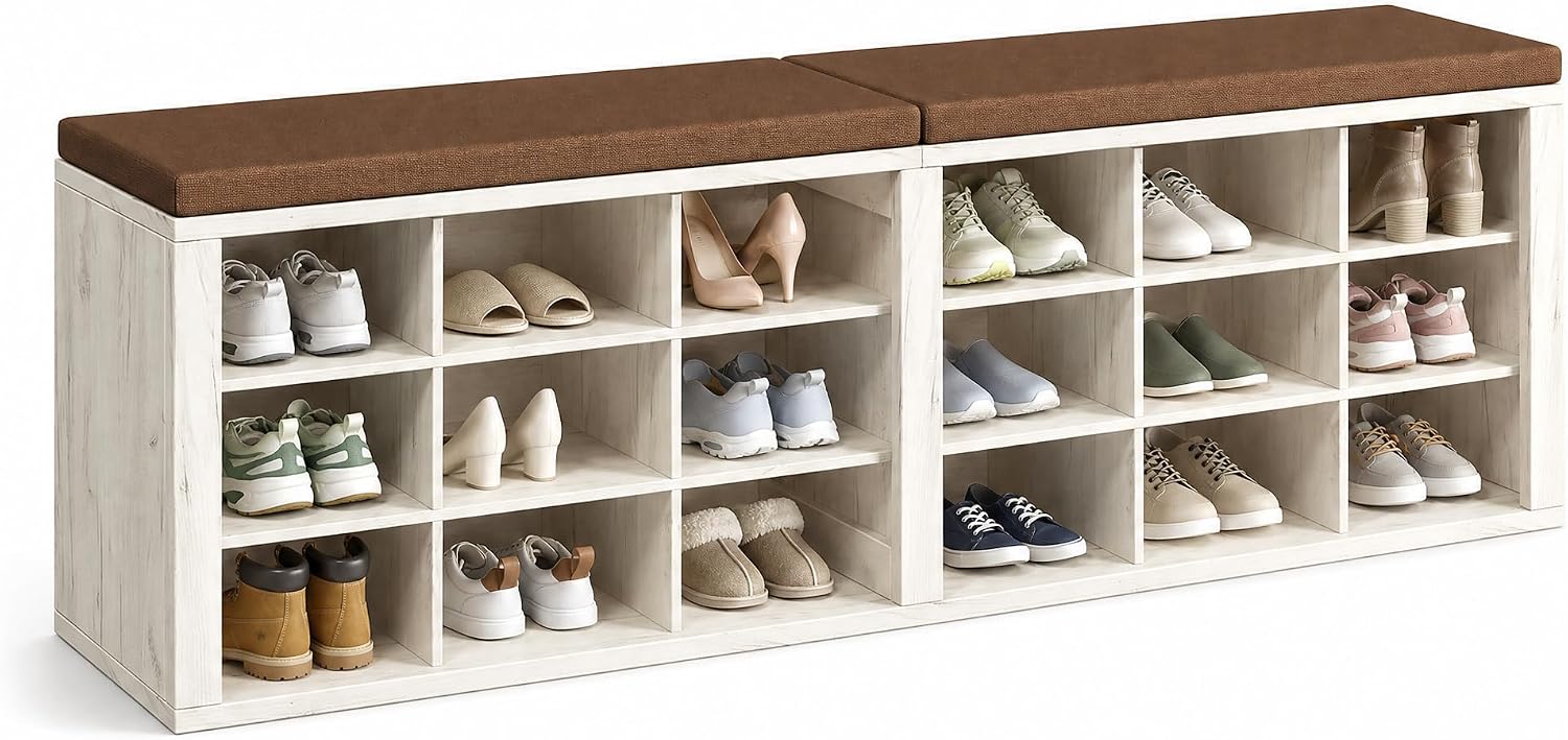 White Brown Linen 18 Cubby Cushioned Shoe Bench