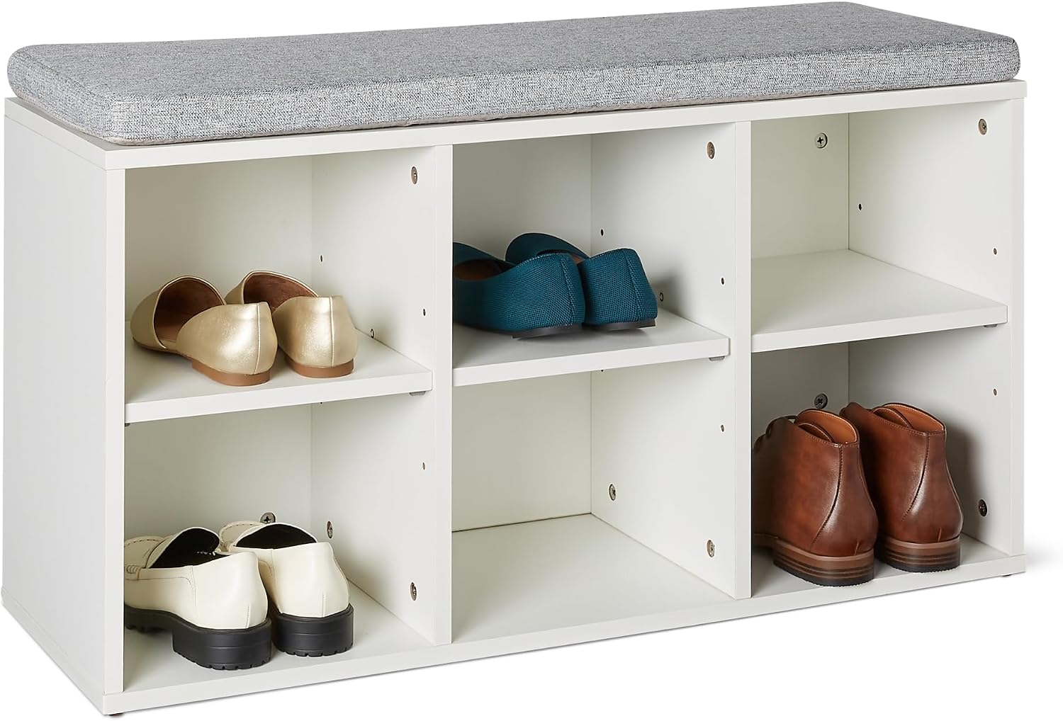 White Cushioned 6 Cubby Shoe Bench
