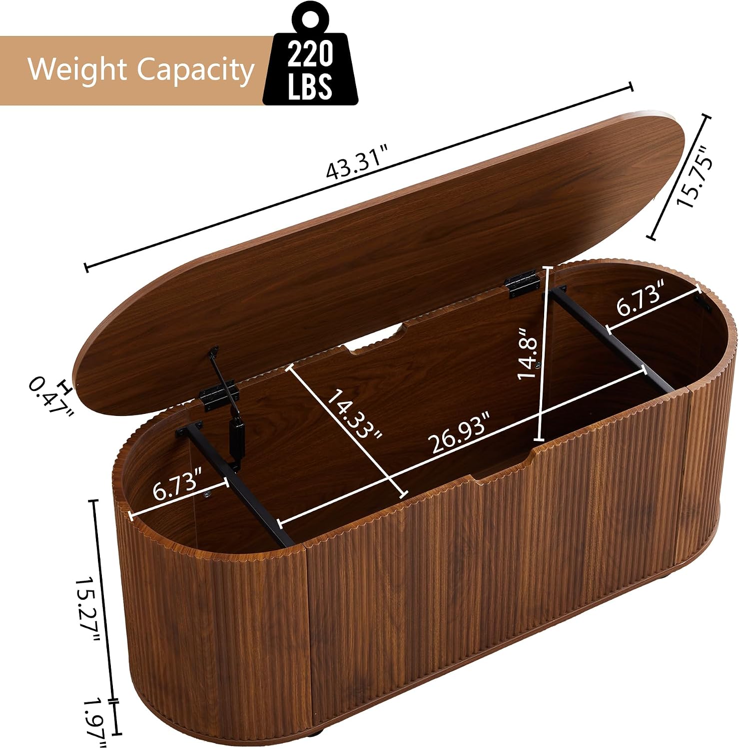 Walnut Wheeled Fluted Lift Top Storage Bench