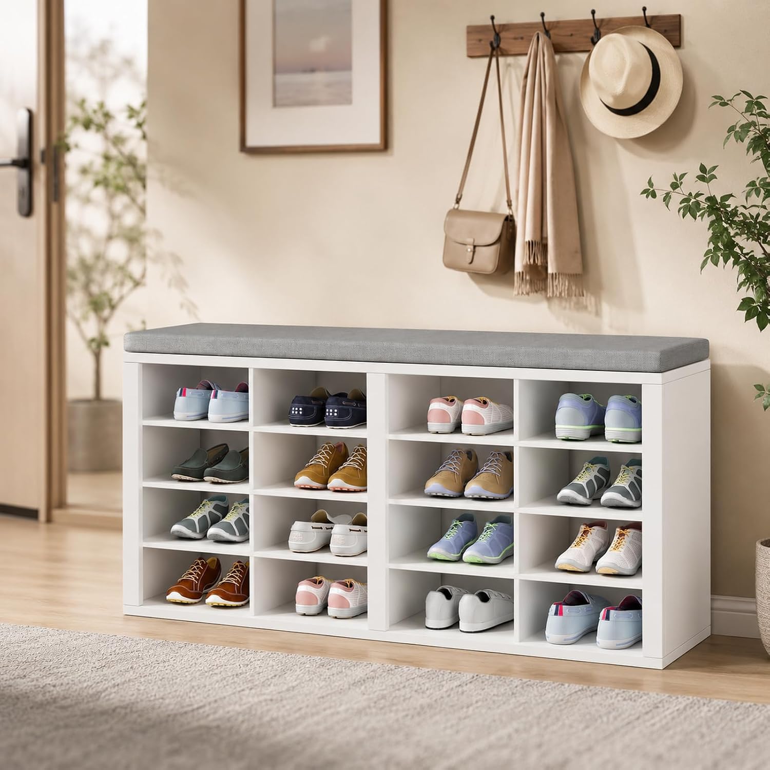 Cushioned 16 Cubby Shoe Storage Bench