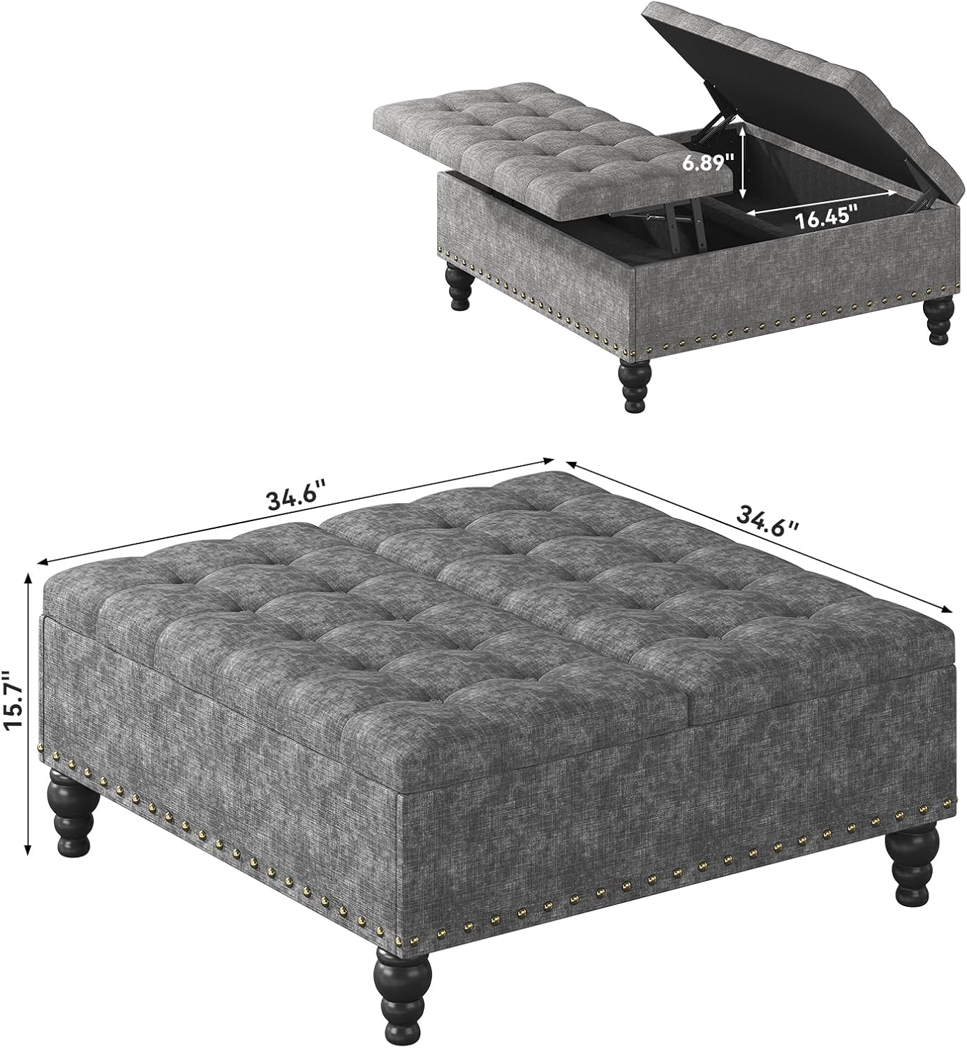 Dark Gray Tufted Lift Top Ottoman Table