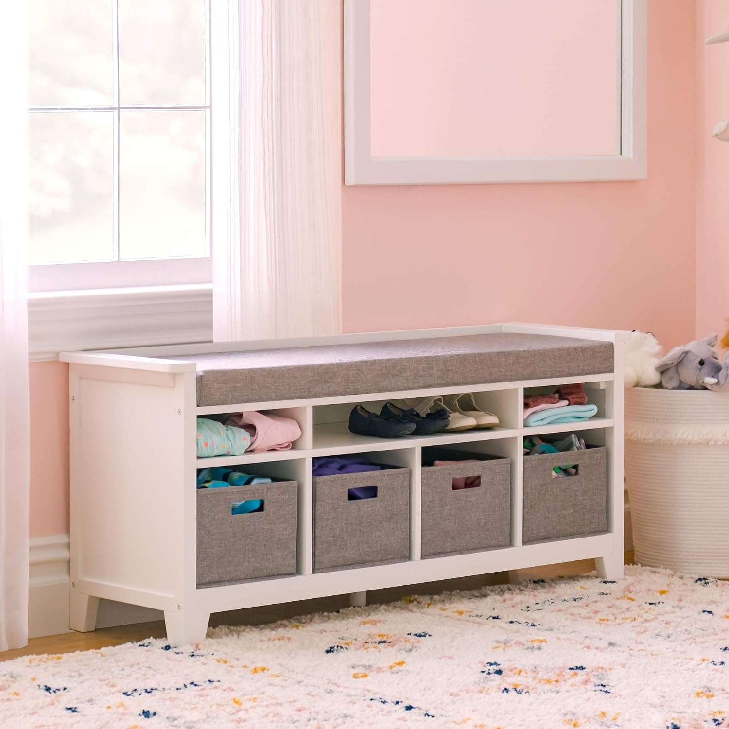 White Linen Bin Kids Storage Bench