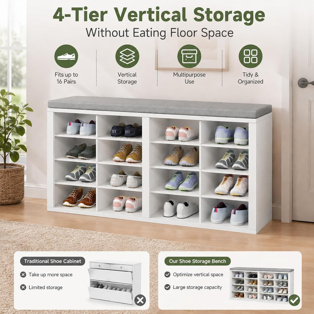 Cushioned 16 Cubby Shoe Storage Bench