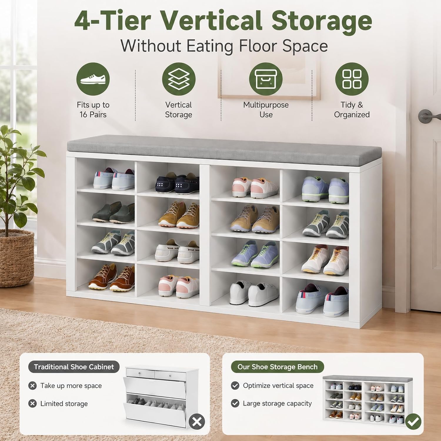 Cushioned 16 Cubby Shoe Storage Bench