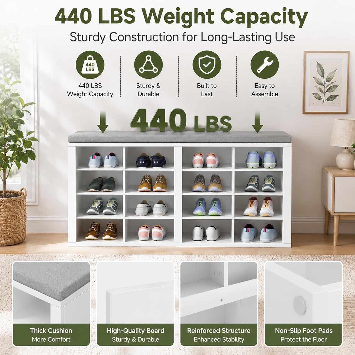 Cushioned 16 Cubby Shoe Storage Bench