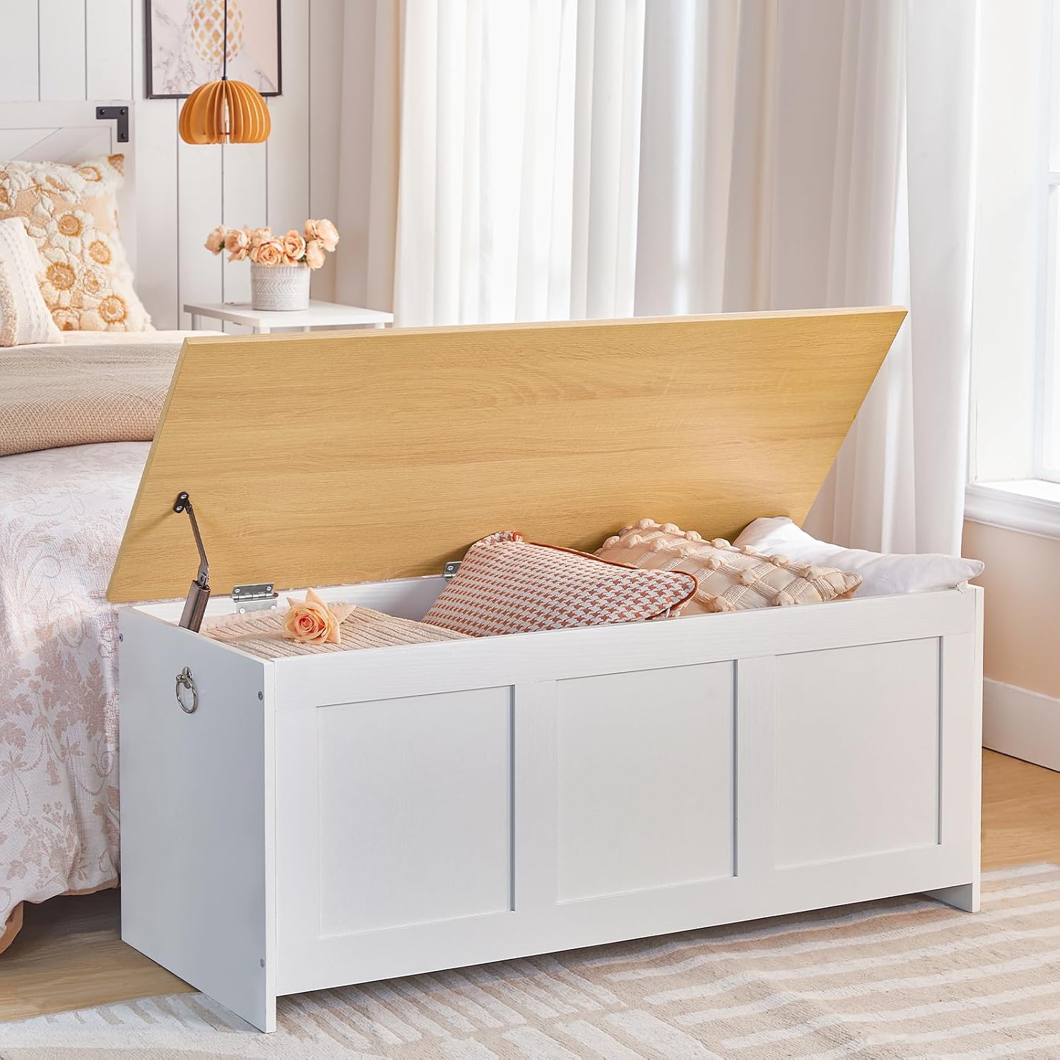 White Natural Lift Top Retro Wooden Storage Bench