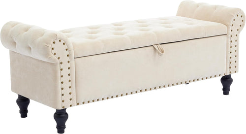 Beige Chenille Storage Ottoman Bench
