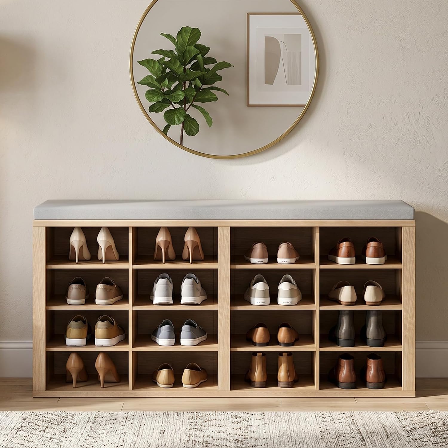 Cushioned 16 Cubby Shoe Storage Bench