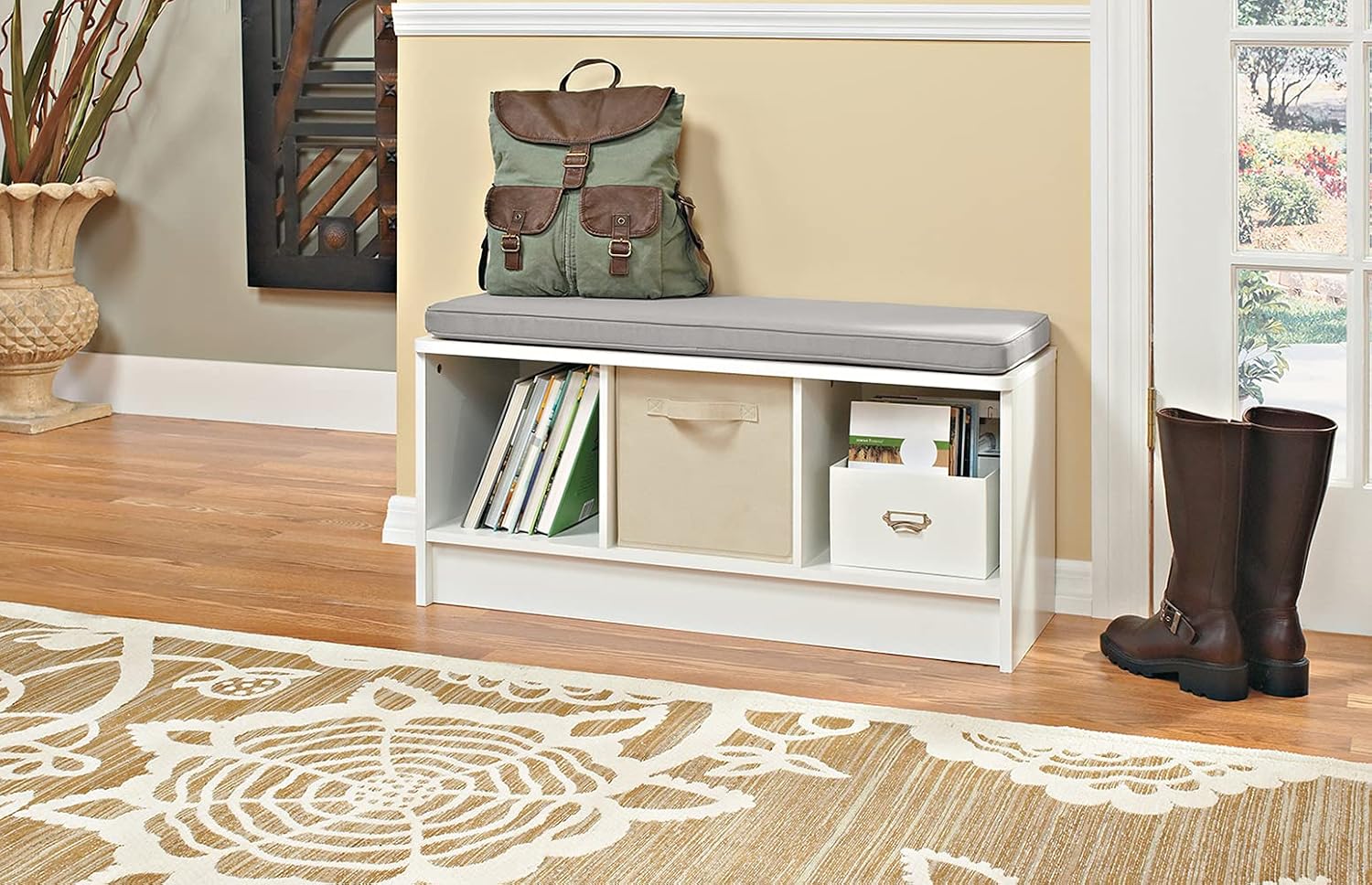 White Gray Cushion 3 Cube Storage Bench