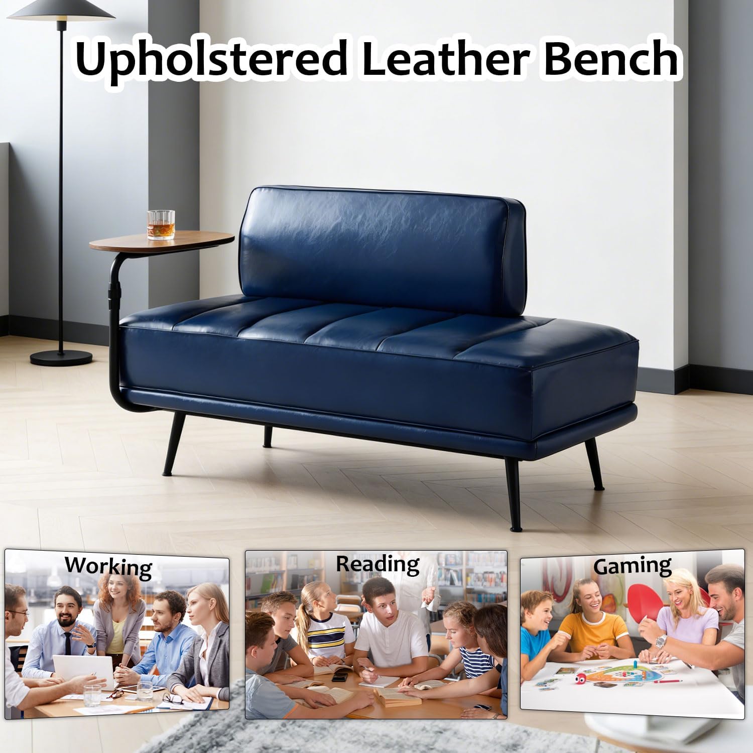 Navy Leather Swivel Tray Loveseat Bench