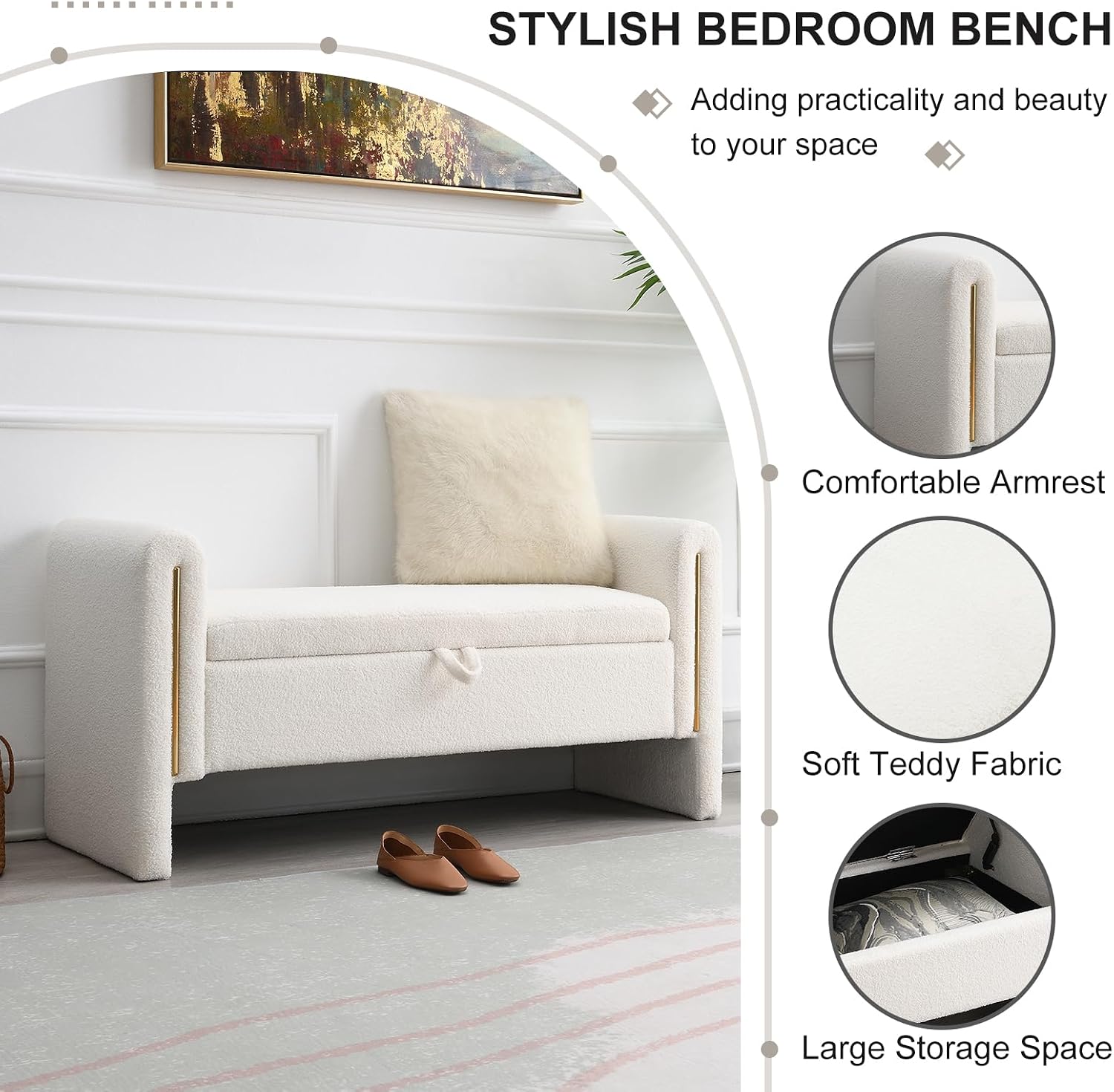White Teddy Arm Storage Bench