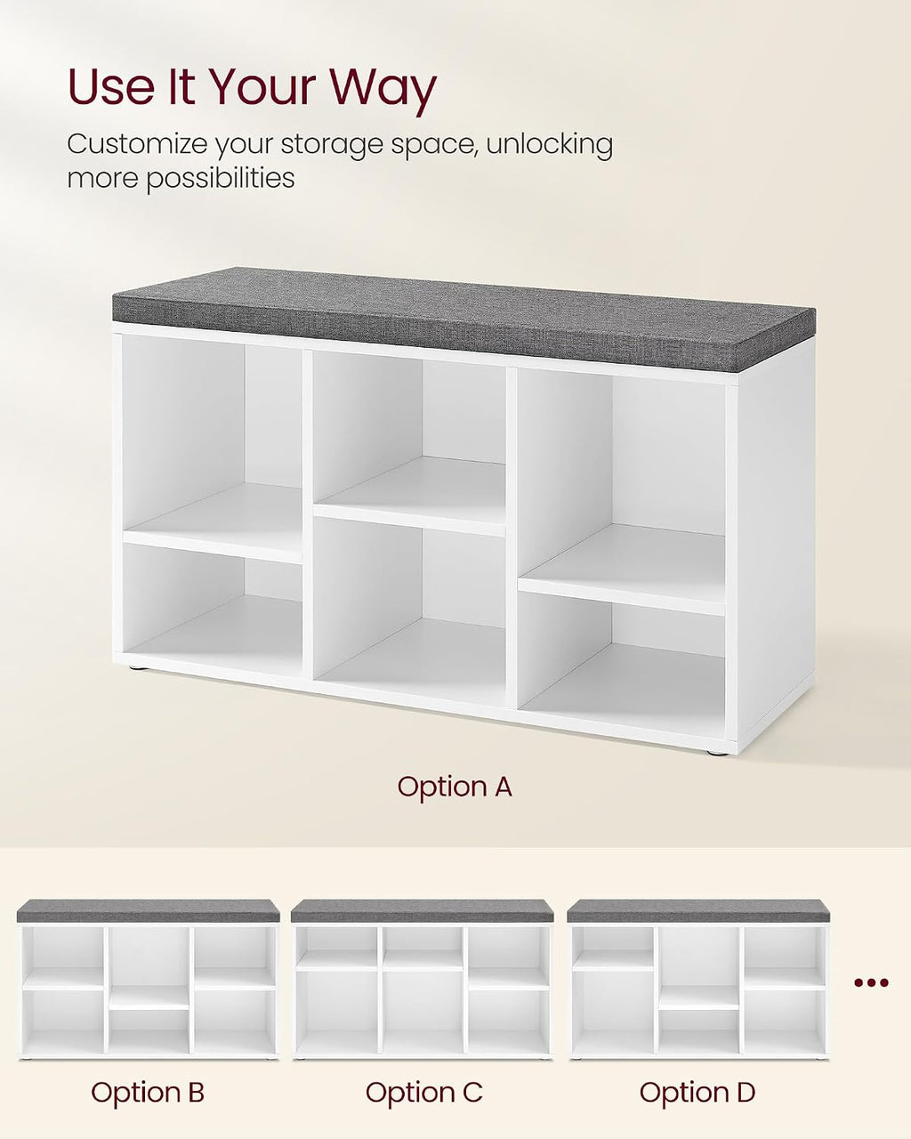 White 6 Compartment Cushioned Shoe Bench