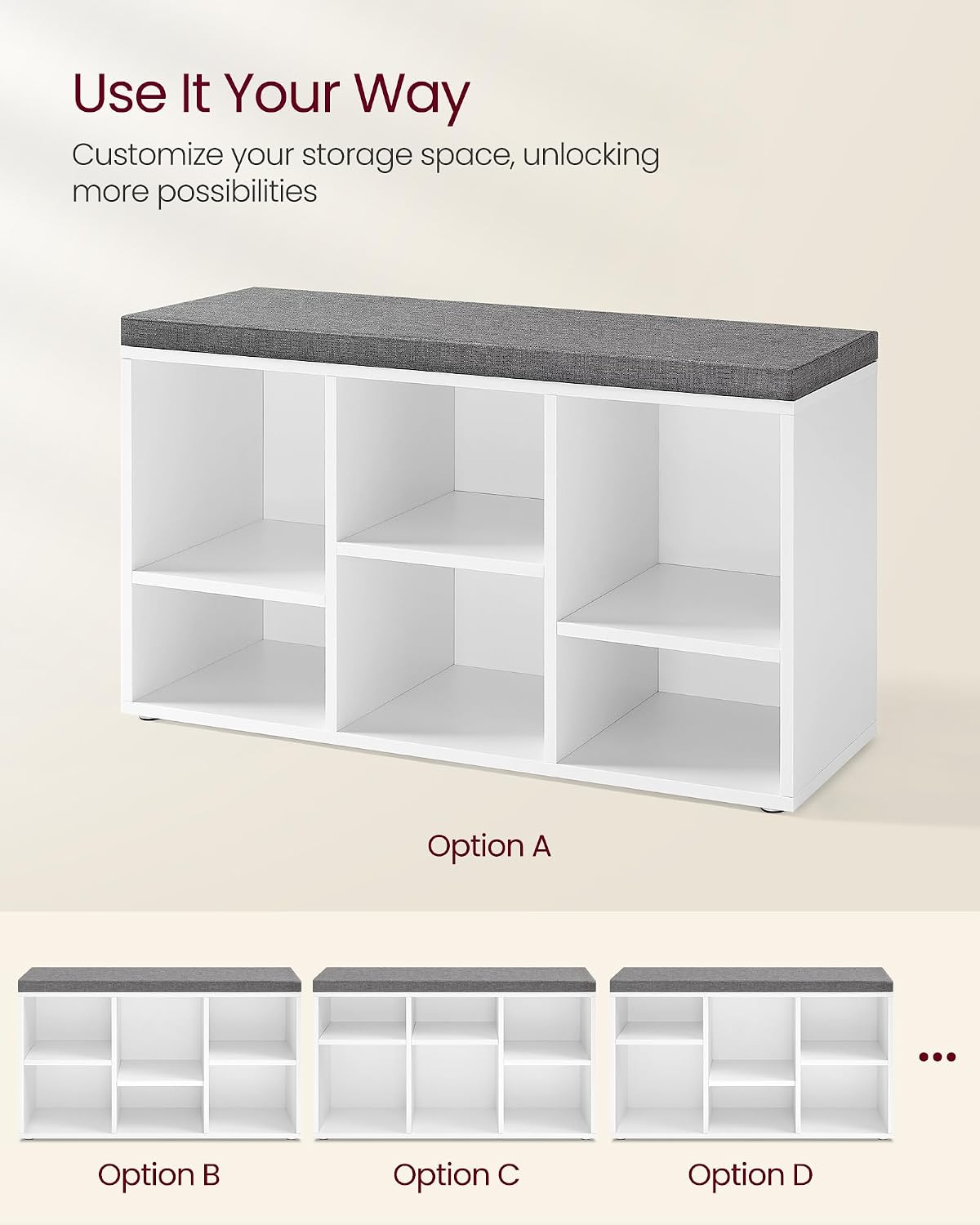 White 6 Compartment Cushioned Shoe Bench