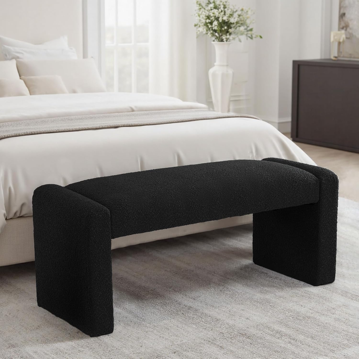 Black Boucle Wood Frame Entry Bench
