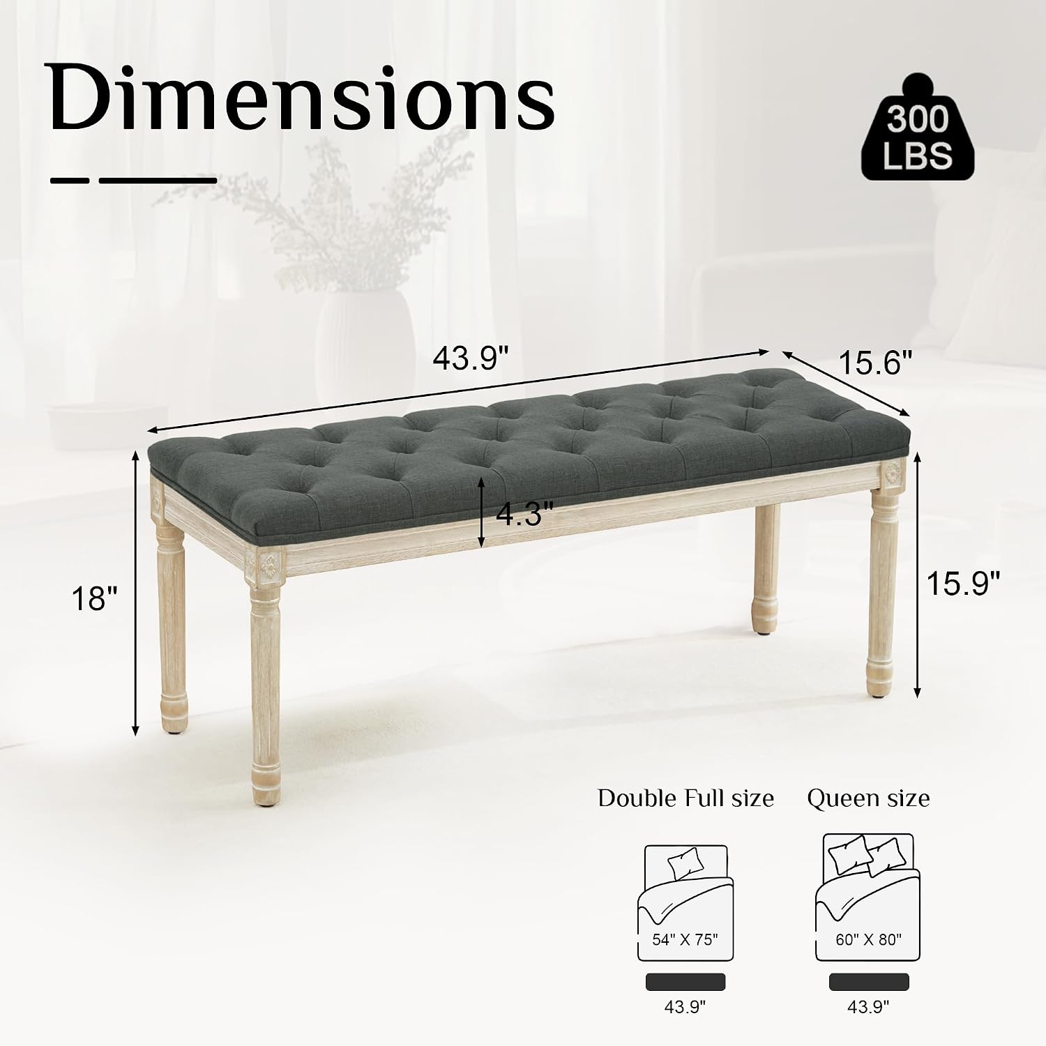 Dark Grey Linen Tufted Window Bench