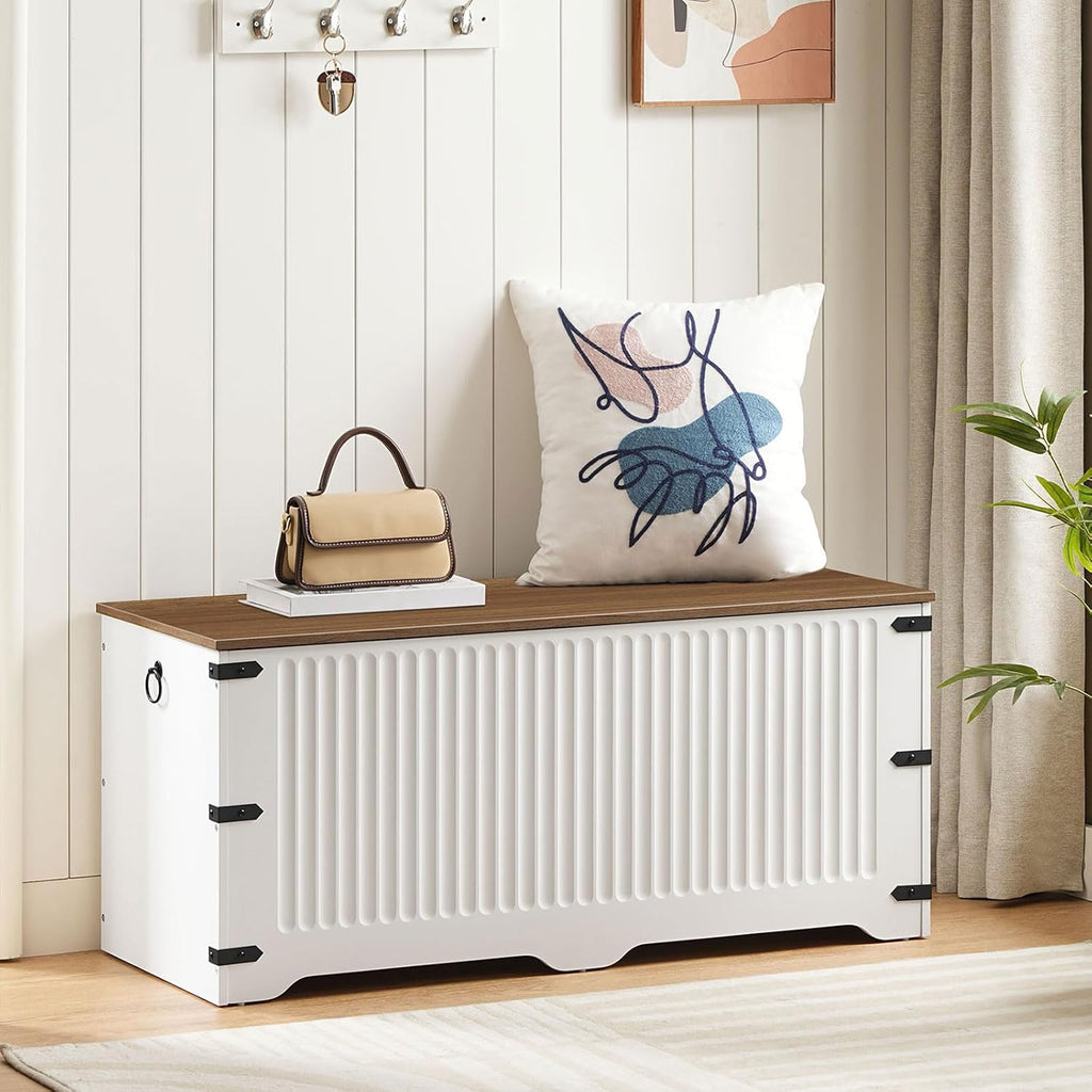 White Walnut Farmhouse Safety Hinge Toy Storage Bench