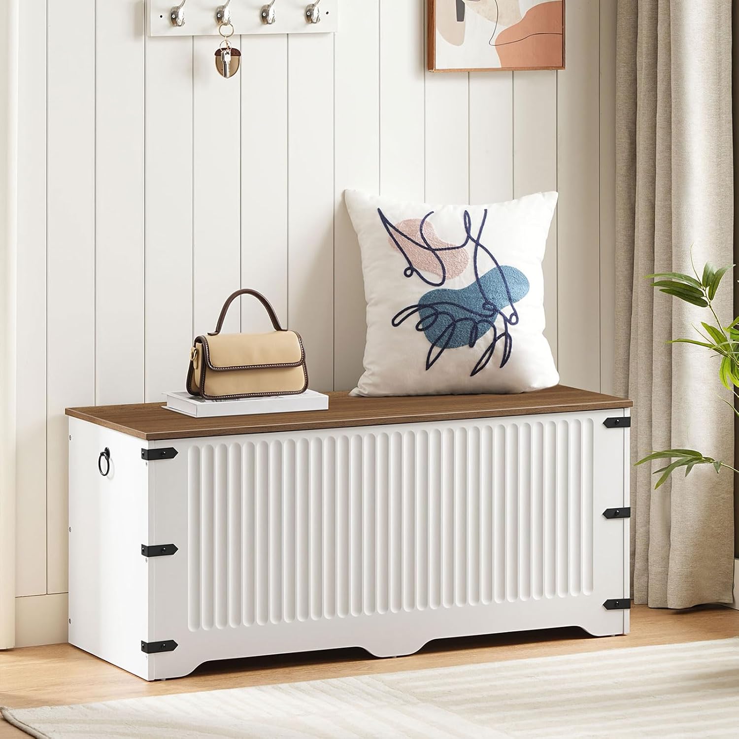 White Walnut Farmhouse Safety Hinge Toy Storage Bench