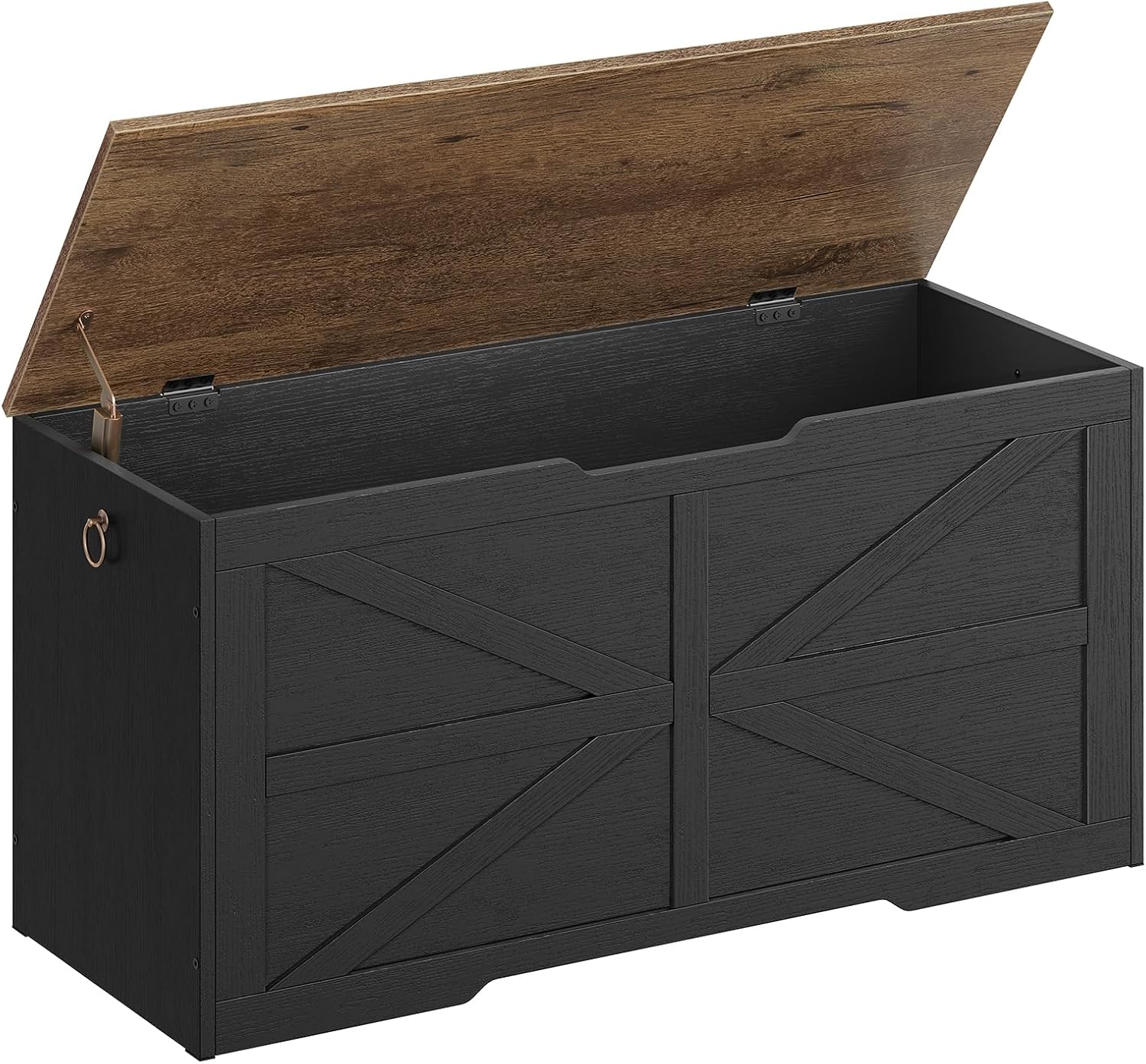 Walnut Black Farmhouse Safety Hinge Storage Bench