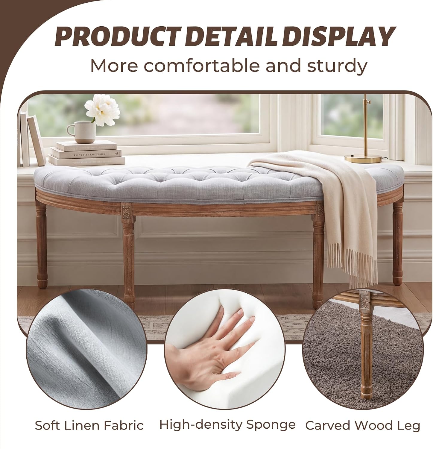 Light Grey Linen Halfmoon Tufted Bench