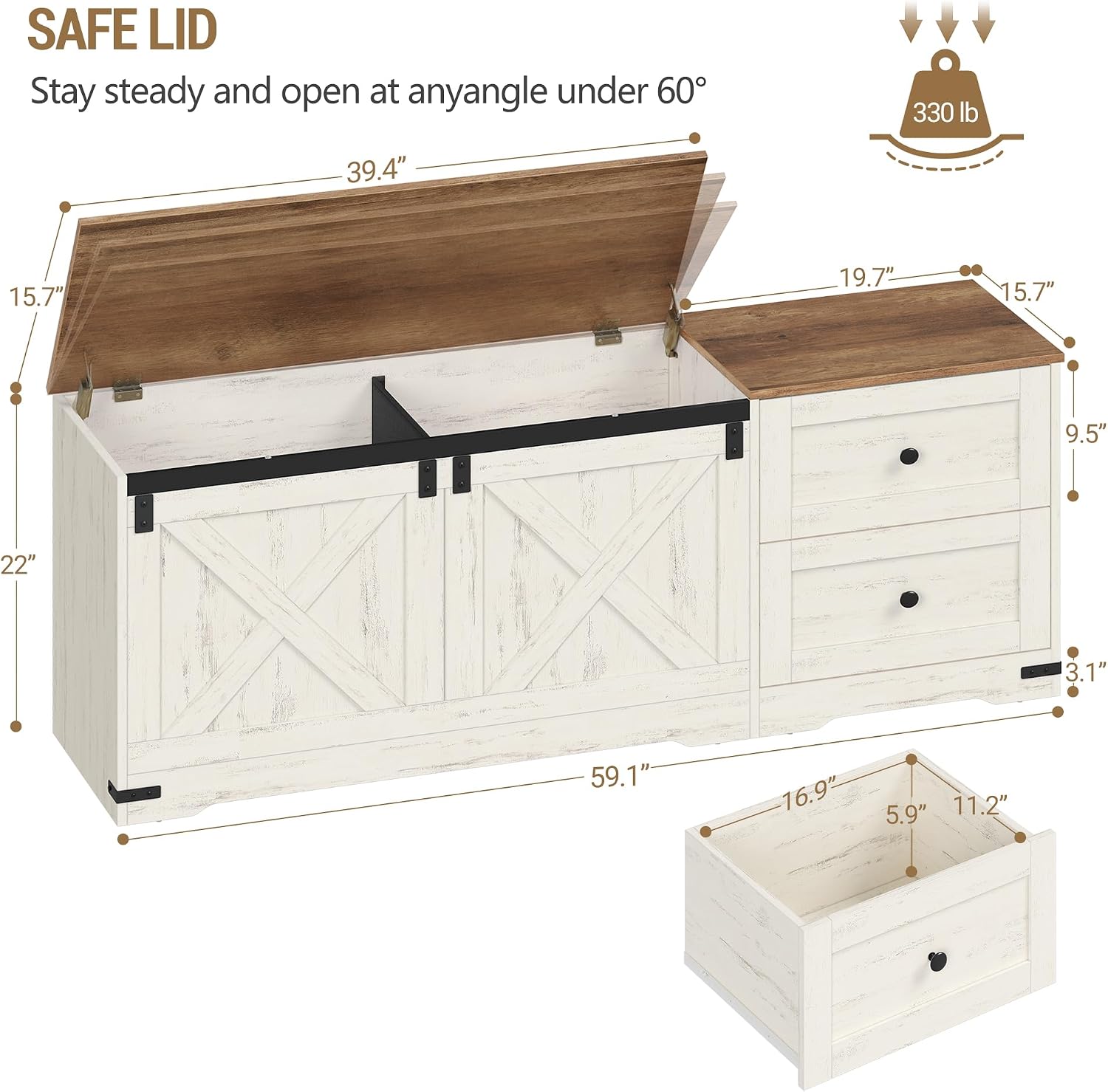 Antique White Barn Door Drawer Storage Bench