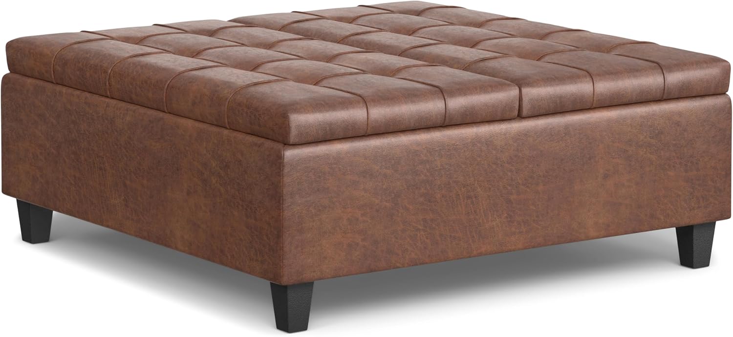 Saddle Brown Leather Lift Top Ottoman Table