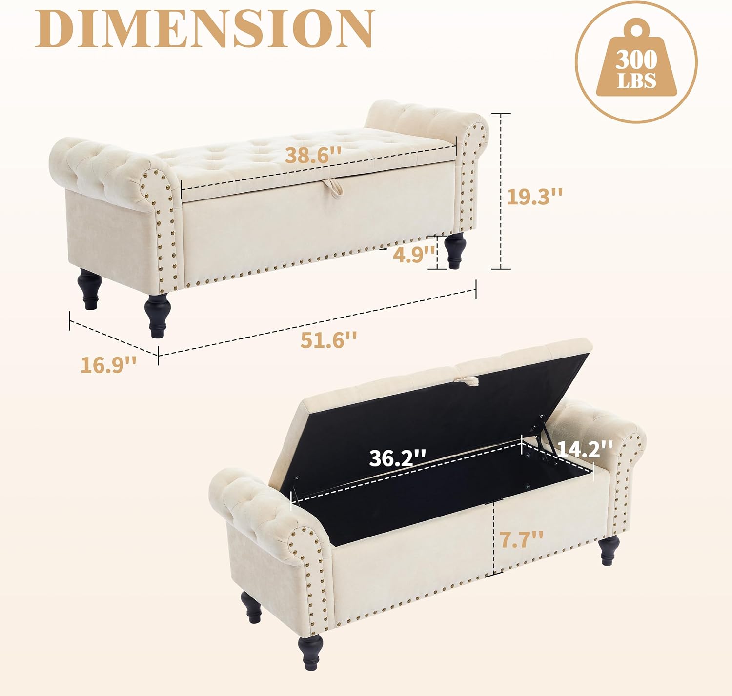 Beige Chenille Storage Ottoman Bench
