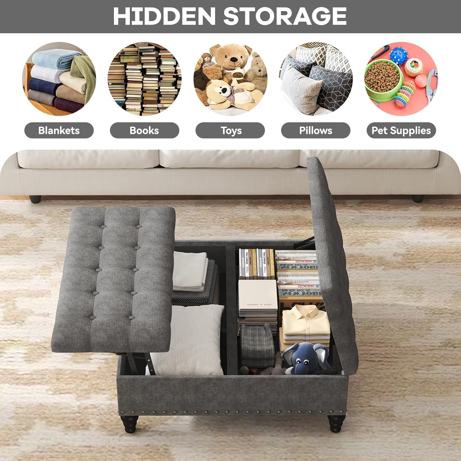 Gray Tufted Lift Top Storage Ottoman