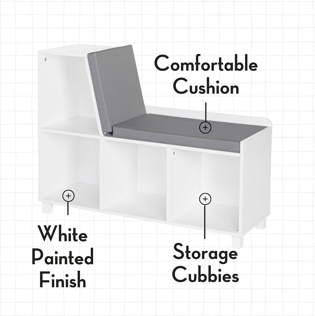 White Cushioned Cubby Toy Storage Bench